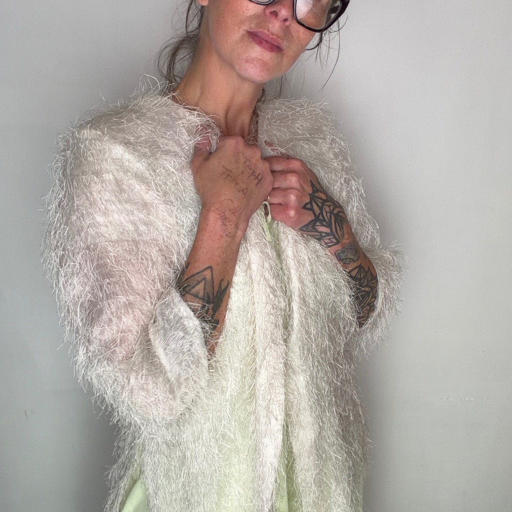Handmade Ivory Eyelash Tinsel Open Front Sheer Cardigan Shaggy Boho One Size